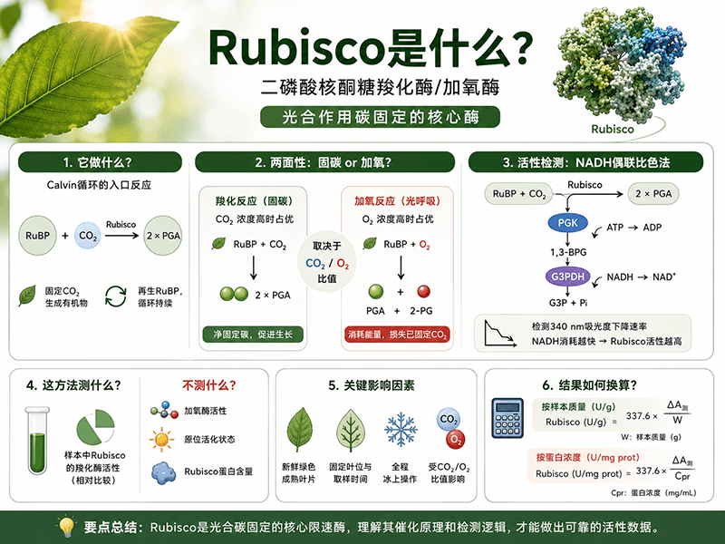 Rubisco是什么？图解二磷酸核酮糖羧化酶/加氧酶的催化原理与活性检测逻辑