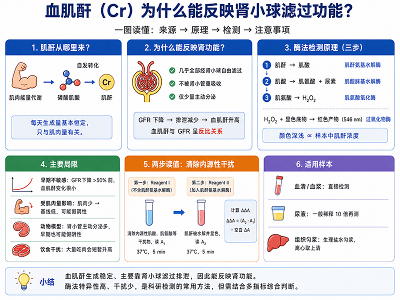 Cr血肌酐为什么能反映肾小球滤过功能？从代谢路径到酶法检测原理全解析