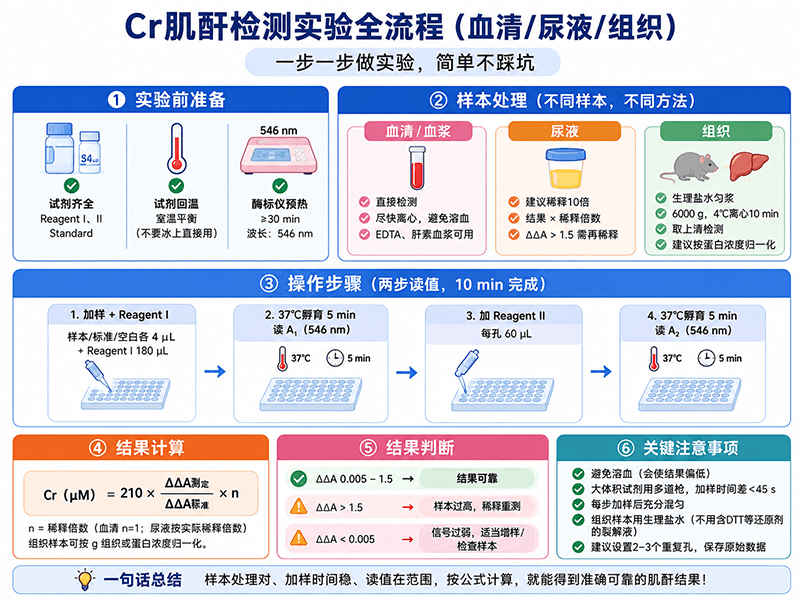 Cr肌酐检测实验全流程：样本处理、操作步骤与结果计算避坑指南(血清/尿液/组织等样本)
